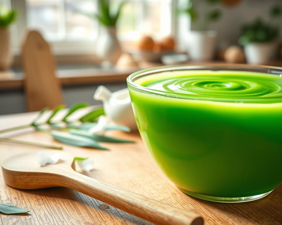A beautifully arranged scene focusing on a vibrant green pandan glaze in a glass bowl, glistening with a smooth, velvety texture. In the foreground, a wooden spatula rests nearby, and ingredients such as pandan leaves and coconut milk are artistically scattered around. The middle layer features a wooden countertop, subtly textured, providing a warm and inviting backdrop. In the background, a sunlight-filled kitchen setting with soft, natural light streaming through a window adds a cozy atmosphere. The overall mood should be fresh and calming, evoking the unique flavors of pandan. Capture the image from a slightly elevated angle to emphasize the glossiness of the glaze, enhancing its inviting appeal. A beautifully arranged scene focusing on a vibrant green pandan glaze in a glass bowl, glistening with a smooth, velvety texture. In the foreground, a wooden spatula rests nearby, and ingredients such as pandan leaves and coconut milk are artistically scattered around. The middle layer features a wooden countertop, subtly textured, providing a warm and inviting backdrop. In the background, a sunlight-filled kitchen setting with soft, natural light streaming through a window adds a cozy atmosphere. The overall mood should be fresh and calming, evoking the unique flavors of pandan. Capture the image from a slightly elevated angle to emphasize the glossiness of the glaze, enhancing its inviting appeal.