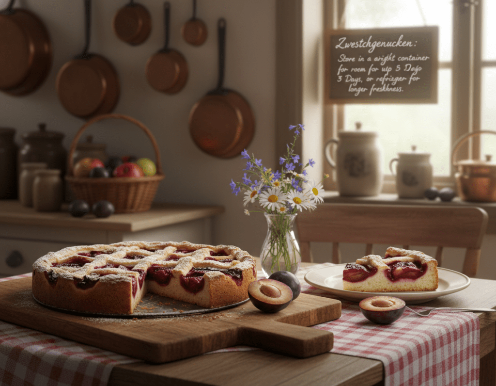 A beautifully arranged scene of Zwetschgenkuchen, a traditional German plum cake, placed in a rustic kitchen setting. In the foreground, the cake is elegantly displayed on a wooden chopping board, garnished with fresh plums and a dusting of powdered sugar. The middle ground features a cozy kitchen table adorned with a checkered cloth, a small vase of wildflowers, and a slice of the Zwetschgenkuchen on a plate, invitingly presented. In the background, soft natural light filters through a window, illuminating antique kitchenware and a fruit basket, creating a warm and inviting atmosphere. The image should convey a sense of comfort and home, perfect for illustrating how to properly store Zwetschgenkuchen in a delightful, earthy color palette. A beautifully arranged scene of Zwetschgenkuchen, a traditional German plum cake, placed in a rustic kitchen setting. In the foreground, the cake is elegantly displayed on a wooden chopping board, garnished with fresh plums and a dusting of powdered sugar. The middle ground features a cozy kitchen table adorned with a checkered cloth, a small vase of wildflowers, and a slice of the Zwetschgenkuchen on a plate, invitingly presented. In the background, soft natural light filters through a window, illuminating antique kitchenware and a fruit basket, creating a warm and inviting atmosphere. The image should convey a sense of comfort and home, perfect for illustrating how to properly store Zwetschgenkuchen in a delightful, earthy color palette.