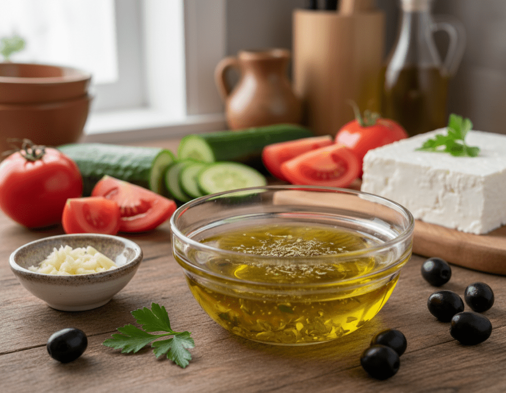 A beautifully arranged scene of a Greek salad dressing preparation, featuring a rustic wooden kitchen countertop. In the foreground, a glass bowl filled with vibrant olive oil, a splash of fresh lemon juice, and finely chopped herbs like oregano and parsley, surrounded by a tiny bowl of crushed garlic and some whole black olives. In the middle ground, an assortment of colorful ingredients, such as ripe tomatoes, cucumber slices, and feta cheese, ready to be mixed into a Choriatiki salad. The background showcases an inviting kitchen ambiance with warm, soft lighting, creating a cozy atmosphere. The image captures the essence of Mediterranean cuisine, emphasizing freshness and simplicity, without any text or watermarks.