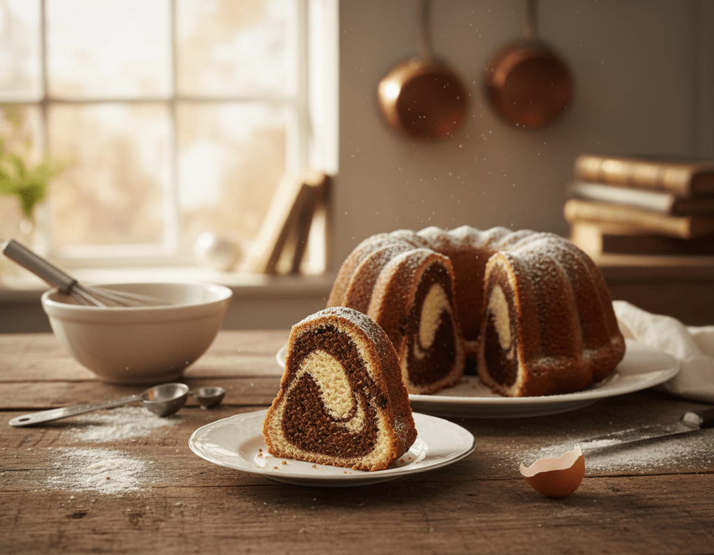 A beautifully arranged scene of a freshly baked marble Gugelhupf cake on a rustic wooden table, showcasing its rich, swirled texture. In the foreground, a slice of the cake is carefully placed on a delicate porcelain plate, revealing its moist interior and intricate marbling pattern. The middle ground features baking tools like measuring spoons, a mixing bowl, and a whisk, hinting at the process of baking while also suggesting common mistakes to avoid. In the background, natural sunlight streams through a window, illuminating the warm, inviting kitchen atmosphere. The overall mood is cozy and inspiring, encouraging the viewer to embrace the joy of baking. The image should be captured with a soft focus and warm lighting to enhance the inviting setting, creating an atmosphere of comfort and culinary creativity.