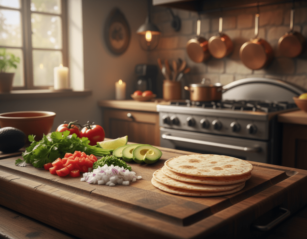 A beautifully arranged scene of authentic taco preparation, showcasing vibrant ingredients. In the foreground, a wooden cutting board is piled with fresh, colorful vegetables: diced tomatoes, finely chopped onions, vibrant green cilantro, and ripe avocado slices, all glistening with freshness. In the middle, three soft corn tortillas are stacked, ready for filling, with a warm glow shining from a nearby stove. In the background, a rustic kitchen setting with hanging copper pots and warm, ambient lighting creates a cozy atmosphere. Soft, natural light filters through a window, illuminating the textures of the ingredients. The scene evokes a sense of tradition and care in the art of taco filling, inviting viewers to appreciate the importance of choosing the right ingredients.