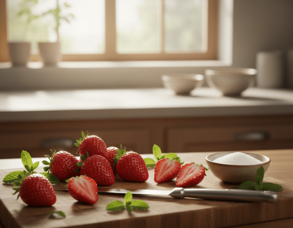 A beautifully arranged scene of fresh strawberries being prepared for decoration. In the foreground, a wooden cutting board holds a variety of vibrant strawberries, some sliced in half to reveal their juicy interior. A sharp knife and a small bowl of sugar sit beside the strawberries, hinting at a preparation process. In the middle, a soft-focus background reveals a cozy kitchen with warm, natural light streaming through a window, casting gentle shadows. There are fresh mint leaves scattered around for a pop of color. The mood is inviting and fresh, exuding a sense of creativity and care in preparing these delightful berries for a dessert. Overall, the image conveys a sense of artistry and delicious anticipation.