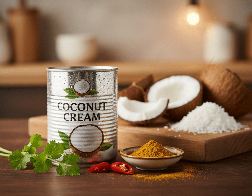 A beautifully arranged scene showcasing a can of coconut milk, glistening with condensation, in the foreground. Surrounding the can are fresh ingredients like vibrant green cilantro, a halved ripe red chili pepper, and a small bowl of curry spices, highlighting the essence of a creamy curry sauce. In the middle ground, a rustic wooden cutting board displays a few coconut shells and shredded coconut, emphasizing the natural sources of flavor. The background features a softly blurred kitchen setting with warm, ambient lighting, creating a cozy atmosphere. The image should use a shallow depth of field to focus on the coconut milk and ingredients, evoking a sense of warmth and culinary creativity, perfect for illustrating the secret behind creamy curry sauces.
