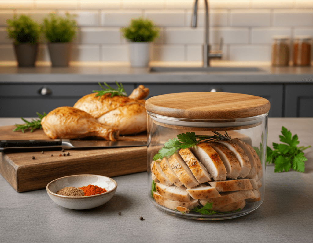 A beautifully arranged scene showcasing cooked chicken breast being stored in a stylish glass container. In the foreground, the shiny glass container is filled with sliced chicken, garnished with fresh herbs like parsley and rosemary. The middle ground features a wooden cutting board with a few additional chicken pieces, surrounded by kitchen tools like a knife and a small bowl of spices. The background includes a modern kitchen setting with soft, warm lighting that creates an inviting atmosphere. The angle is slightly elevated, providing a clear view of the storage container while highlighting the freshness of the ingredients. The overall mood is cozy and appetizing, emphasizing the importance of proper storage for cooked chicken. A beautifully arranged scene showcasing cooked chicken breast being stored in a stylish glass container. In the foreground, the shiny glass container is filled with sliced chicken, garnished with fresh herbs like parsley and rosemary. The middle ground features a wooden cutting board with a few additional chicken pieces, surrounded by kitchen tools like a knife and a small bowl of spices. The background includes a modern kitchen setting with soft, warm lighting that creates an inviting atmosphere. The angle is slightly elevated, providing a clear view of the storage container while highlighting the freshness of the ingredients. The overall mood is cozy and appetizing, emphasizing the importance of proper storage for cooked chicken.