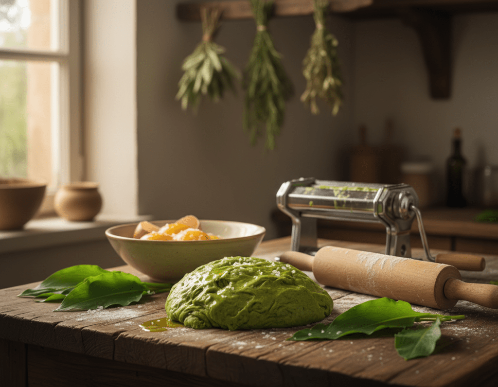 A beautifully arranged scene showcasing the preparation of Bärlauchpasta dough. In the foreground, a rustic wooden countertop holds a mound of vibrant green Bärlauch (wild garlic) pasta dough, glistening with olive oil. Surrounding the dough are fresh Bärlauch leaves, a rolling pin, and flour dust, emphasizing the homemade aspect. In the middle, a bowl filled with cracked eggs and a sprinkle of sea salt adds to the visual interest, with a delicate, green-hued pasta roller partially visible. The background features a softly lit kitchen setting with herbs hanging and a window allowing natural light to flood the area, creating a warm and inviting atmosphere. Capture a feeling of simplicity and freshness, focusing on the earthy tones and textures, communicating the essence of traditional pasta-making.