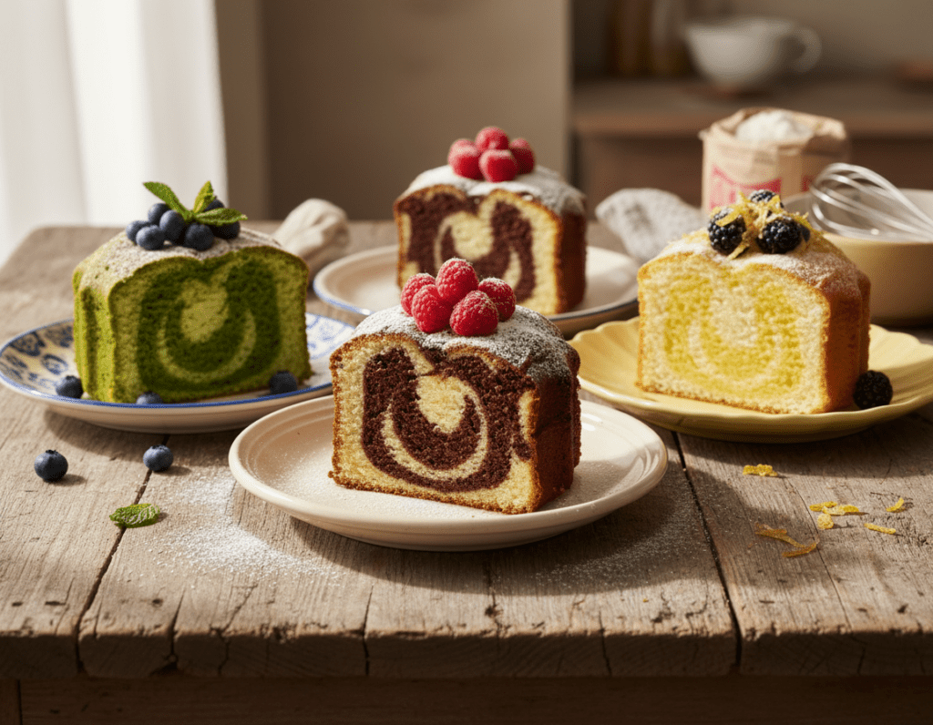 A beautifully arranged selection of Marmorkuchen variations on a rustic wooden table, showcasing an array of flavors: a traditional dark and light marble cake with rich chocolate swirls, a matcha-infused version with a vibrant green streak, and a zesty lemon marble with a sunny yellow contrast. Each cake is elegantly served on vintage ceramic plates, garnished with fresh berries and dusted with powdered sugar. Soft, natural light filters through a nearby window, casting gentle shadows that enhance the textures of the cakes. The background features a cozy kitchen atmosphere with faint hints of baking utensils and ingredients, creating a warm and inviting mood that celebrates the art of baking. The image should be captured from a top-down angle to highlight the intricate patterns of the marble effect.