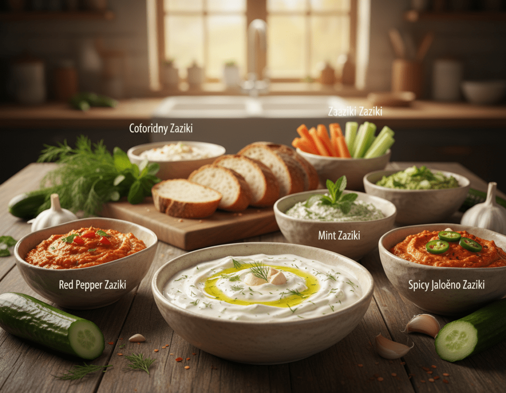 A beautifully arranged selection of different Zaziki variations on a wooden table. In the foreground, a classic bowl of traditional Greek Tzatziki made with cucumber, yogurt, garlic, and dill, surrounded by small bowls of innovative flavors like red pepper, mint, and spicy jalapeño Zaziki. Fresh ingredients like cucumbers, herbs, and garlic cloves scattered artistically around the bowls. The middle ground features a rustic bread platter and fresh vegetables for dipping, set against a soft-focus backdrop of a cozy kitchen. Warm, natural lighting highlights the texture of the dips and the vibrant colors of the ingredients, creating an inviting atmosphere that tempts the viewer. The overall mood is fresh and appetizing, capturing the essence of culinary creativity. A beautifully arranged selection of different Zaziki variations on a wooden table. In the foreground, a classic bowl of traditional Greek Tzatziki made with cucumber, yogurt, garlic, and dill, surrounded by small bowls of innovative flavors like red pepper, mint, and spicy jalapeño Zaziki. Fresh ingredients like cucumbers, herbs, and garlic cloves scattered artistically around the bowls. The middle ground features a rustic bread platter and fresh vegetables for dipping, set against a soft-focus backdrop of a cozy kitchen. Warm, natural lighting highlights the texture of the dips and the vibrant colors of the ingredients, creating an inviting atmosphere that tempts the viewer. The overall mood is fresh and appetizing, capturing the essence of culinary creativity.