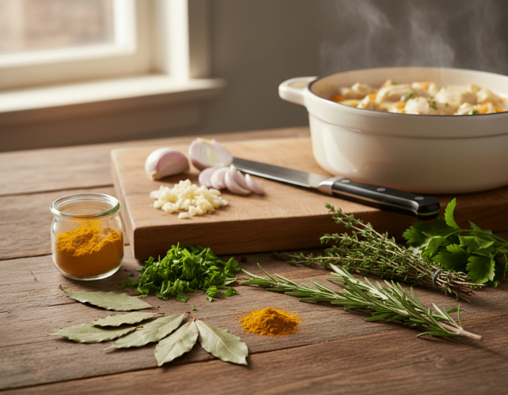 A beautifully arranged selection of herbs and spices ideal for enhancing frikassee, featuring rosemary, thyme, and bay leaves prominently in the foreground. Surround these with vibrant green parsley leaves and a small jar of golden turmeric, creating a colorful and inviting display. In the middle ground, include a rustic wooden cutting board with chopped garlic and shallots, while a pot of frikassee simmers softly in the background, hinting at the dish's warming essence. Use soft, natural lighting to evoke a cozy kitchen atmosphere, with shallow depth of field focusing on the spices. The mood should feel fresh and aromatic, symbolizing the essence of flavor enhancement in classical cooking.