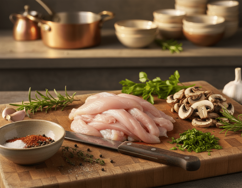 A beautifully arranged selection of ingredients for Hähnchengeschnetzeltes, focusing on fresh chicken breast cut into thin strips, accompanied by sautéed mushrooms, fresh parsley, and a spice blend. The foreground features vibrant ingredients, including bright green herbs and earthy mushrooms, artfully placed on a rustic wooden cutting board. In the middle, a well-used chef’s knife rests beside the ingredients, hinting at culinary preparation. The background showcases a softly blurred kitchen setting with warm, inviting lighting that enhances a cozy, professional atmosphere. The composition captures the assembly of ingredients in a way that conveys the care and attention needed for this delicious dish.