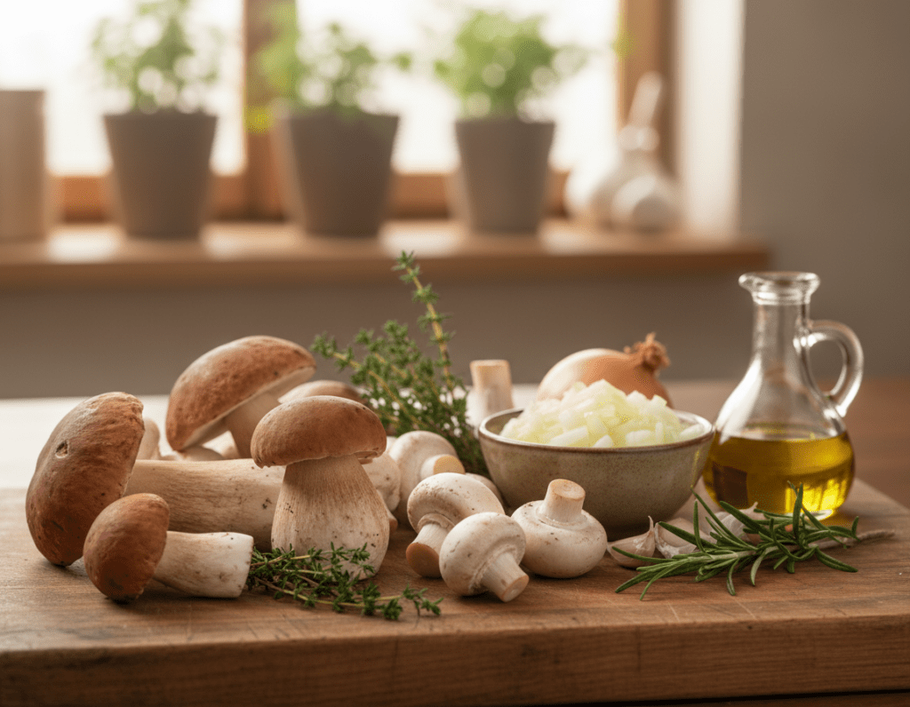 A beautifully arranged selection of ingredients for a delicious mushroom ragout. In the foreground, vibrant fresh mushrooms, including porcini and button varieties, are placed artfully alongside sprigs of fresh thyme and rosemary. A rustic wooden cutting board serves as the base, adding warmth to the scene. In the middle, there are diced onions and garlic cloves, glistening in a small bowl, with a splash of olive oil next to them. The background features a softly blurred kitchen setting with herbs in pots and warm ambient lighting that creates a cozy atmosphere. The scene should evoke a sense of homey comfort and culinary creativity. The image should be captured with a shallow depth of field and natural light, enhancing the freshness of the ingredients while softening any harsh shadows.