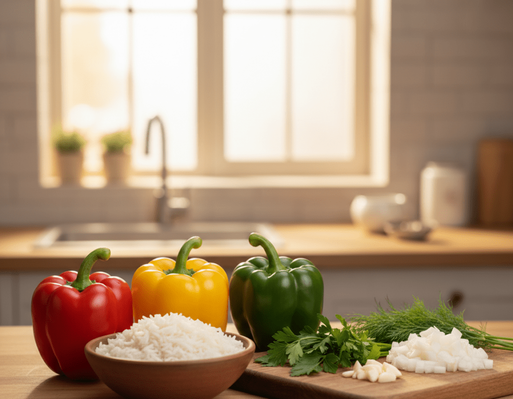 A beautifully arranged selection of ingredients for stuffed peppers, showcasing vibrant hues and textures. In the foreground, several whole sweet bell peppers in red, yellow, and green, alongside a small bowl of fluffy cooked rice. Next to them, fresh herbs like parsley and dill, along with minced garlic and diced onions, neatly displayed on a wooden cutting board. In the background, a blurred kitchen setting with soft natural light filtering through a window, creating a warm and inviting atmosphere. The focus is on the freshness and quality of the ingredients, emphasizing the preparation for a delicious meal. The scene should evoke a sense of culinary inspiration, ideal for creating stuffed peppers.