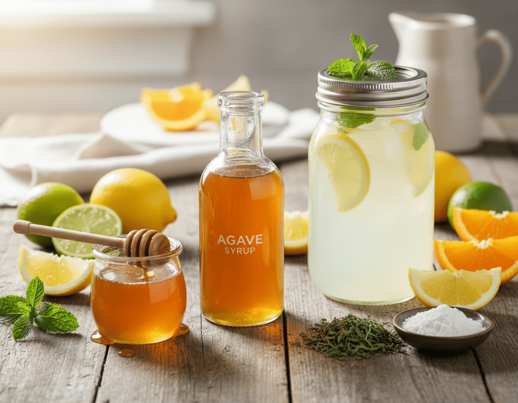 A beautifully arranged selection of natural sweeteners for lemonade, prominently featuring fresh honey, agave syrup, and stevia leaves in the foreground. Surrounding these sweeteners are vibrant, sliced fruits such as lemons, limes, and oranges, showcasing their bright yellow and green hues. In the middle ground, a glass jar filled with freshly made lemonade, adorned with a sprig of mint, reflects sunlight, casting gentle shadows. The background is a rustic wooden table setting with soft, diffused natural lighting that creates a warm, inviting atmosphere. The focus should be clear, with a shallow depth of field to emphasize the ingredients while softly blurring the background. The overall mood is refreshing and cheerful, evoking the joy of making homemade lemonade with healthy, natural alternatives.