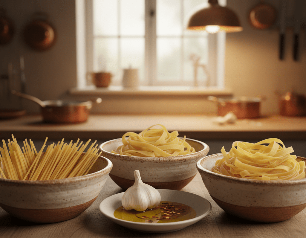 A beautifully arranged selection of spaghetti types suitable for Aglio e Olio, prominently displayed in the foreground. Various strands of pasta—spaghetti, linguine, and fettuccine—are elegantly coiled in artisanal bowls, highlighting their textures. In the middle ground, a small dish of olive oil with a rustic-looking garlic clove and a sprinkle of red pepper flakes adds depth. The background features a softly blurred kitchen setting with warm, inviting lighting that casts a golden hue over the scene, creating an intimate ambiance. The image is shot from a slightly elevated angle using a shallow depth of field to focus on the pasta, evoking a cozy, delicious atmosphere perfect for showcasing classic Italian cuisine.