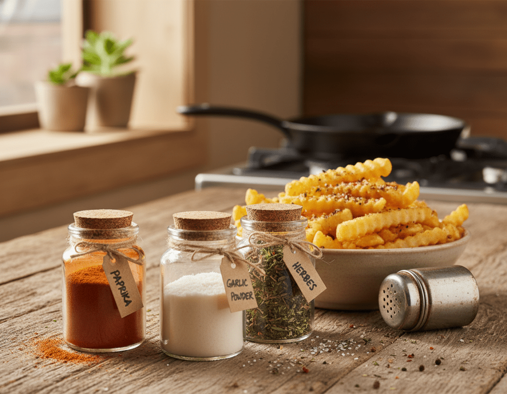 A beautifully arranged selection of spices and seasoning blends ideal for French fries, displayed on a rustic wooden table. In the foreground, there are jars of vibrant spices like paprika, garlic powder, and dried herbs, each labeled with handwritten tags. The middle layer features a bowl of golden, crispy homemade fries, lightly dusted with the colorful seasonings. In the background, a soft-focus kitchen scene includes a frying pan and a small plant, giving a warm and inviting atmosphere. Warm, natural light streams in from a nearby window, creating soft shadows and highlighting the textures of the spices and fries. The overall mood is cozy and inviting, perfect for cooking enthusiasts.