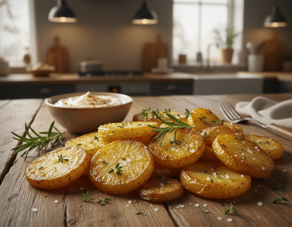 A beautifully arranged serving of crispy oven-baked potatoes on a rustic wooden table. The foreground showcases golden-brown potatoes, glistening with olive oil, sprinkled with fresh herbs like rosemary and thyme. A drizzle of sea salt enhances their texture. In the middle, a small bowl of creamy garlic dip and a sprinkle of paprika add color. In the background, a warm, inviting kitchen with softly glowing ambient light complements the cozy vibe. The image is captured with a slightly angled top-down view to showcase the potatoes' crispiness. The atmosphere feels warm and homely, emphasizing comfort and deliciousness. The scene conveys an inviting and appetizing allure, perfect for encouraging viewers to try making extra crispy roasted potatoes. A beautifully arranged serving of crispy oven-baked potatoes on a rustic wooden table. The foreground showcases golden-brown potatoes, glistening with olive oil, sprinkled with fresh herbs like rosemary and thyme. A drizzle of sea salt enhances their texture. In the middle, a small bowl of creamy garlic dip and a sprinkle of paprika add color. In the background, a warm, inviting kitchen with softly glowing ambient light complements the cozy vibe. The image is captured with a slightly angled top-down view to showcase the potatoes' crispiness. The atmosphere feels warm and homely, emphasizing comfort and deliciousness. The scene conveys an inviting and appetizing allure, perfect for encouraging viewers to try making extra crispy roasted potatoes.