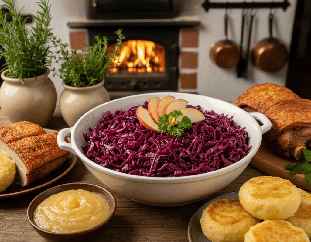 A beautifully arranged serving suggestion for Apfelrotkohl, showcasing vibrant red cabbage infused with apple notes. In the foreground, a rustic wooden table holds a large white serving bowl filled with the glossy, deep red Apfelrotkohl, garnished with fresh apple slices and a sprig of parsley. Surrounding the bowl, elements of a traditional German meal are present: crispy roast pork, golden potato dumplings, and a small dish of apple sauce, all rendered in rich, inviting colors. The background features soft, blurred kitchen elements, like a warm, glowing oven and fresh herbs in pots, creating a homely atmosphere. The lighting is warm and inviting, highlighting the textures of the food, while the overhead angle provides an intimate view, making the dish appear appetizing and easy to replicate. A beautifully arranged serving suggestion for Apfelrotkohl, showcasing vibrant red cabbage infused with apple notes. In the foreground, a rustic wooden table holds a large white serving bowl filled with the glossy, deep red Apfelrotkohl, garnished with fresh apple slices and a sprig of parsley. Surrounding the bowl, elements of a traditional German meal are present: crispy roast pork, golden potato dumplings, and a small dish of apple sauce, all rendered in rich, inviting colors. The background features soft, blurred kitchen elements, like a warm, glowing oven and fresh herbs in pots, creating a homely atmosphere. The lighting is warm and inviting, highlighting the textures of the food, while the overhead angle provides an intimate view, making the dish appear appetizing and easy to replicate.