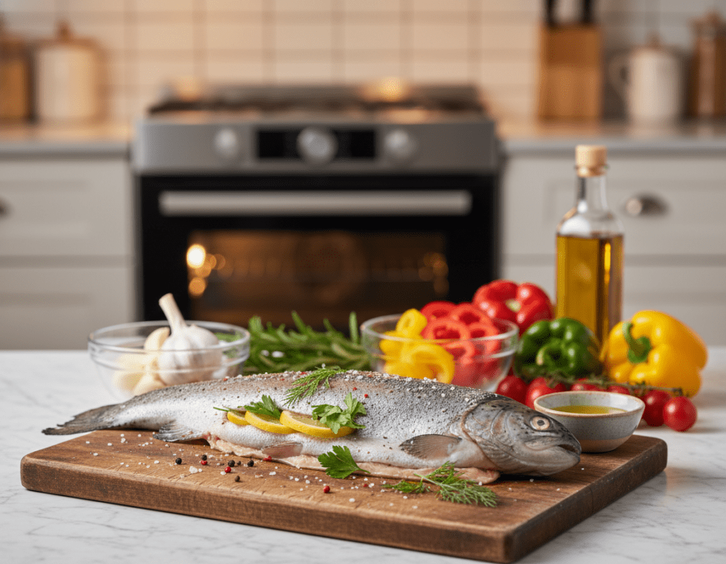 A beautifully arranged setting featuring a freshly cooked trout (Forelle) ready for oven preparation. In the foreground, a perfectly seasoned trout lies on a rustic wooden cutting board, garnished with lemon slices and fresh herbs like dill and parsley. In the middle, a well-lit kitchen counter showcases an array of ingredients, including olive oil, garlic, and colorful vegetables like bell peppers and cherry tomatoes ready for roasting. In the background, soft lighting highlights a well-maintained oven with the door slightly ajar, hinting at the cooking process. The atmosphere is warm and inviting, emphasizing the comfort and satisfaction of home cooking. Use a shallow depth of field to focus on the trout while softly blurring the background, capturing the essence of this delicious dish. A beautifully arranged setting featuring a freshly cooked trout (Forelle) ready for oven preparation. In the foreground, a perfectly seasoned trout lies on a rustic wooden cutting board, garnished with lemon slices and fresh herbs like dill and parsley. In the middle, a well-lit kitchen counter showcases an array of ingredients, including olive oil, garlic, and colorful vegetables like bell peppers and cherry tomatoes ready for roasting. In the background, soft lighting highlights a well-maintained oven with the door slightly ajar, hinting at the cooking process. The atmosphere is warm and inviting, emphasizing the comfort and satisfaction of home cooking. Use a shallow depth of field to focus on the trout while softly blurring the background, capturing the essence of this delicious dish.