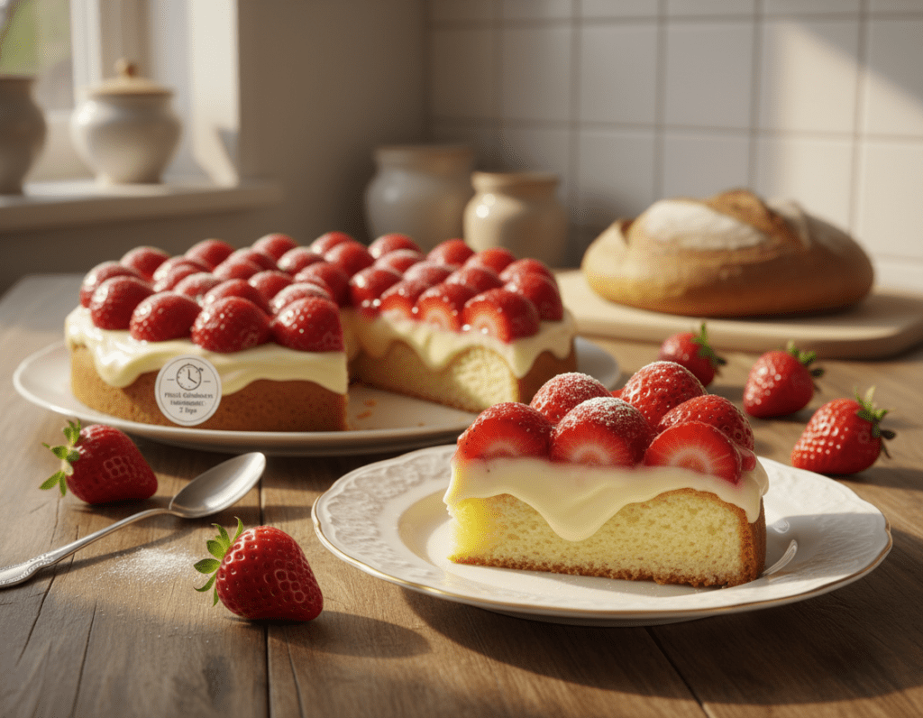 A beautifully arranged slice of Erdbeerkuchen (strawberry cake) displayed on a delicate porcelain plate, showcasing a light sponge base layered with creamy vanilla pudding and topped with fresh, vibrant strawberries. The foreground features the cake slice glistening with a hint of glaze, accentuated by a soft sprinkle of powdered sugar. In the middle, a complete Erdbeerkuchen sits elegantly on a rustic wooden table, with a few scattered strawberries and a spoon, invitingly placed beside it. The background is softly blurred, featuring hints of a bright kitchen space with natural light streaming in, casting gentle shadows that enhance the inviting atmosphere. The overall mood is warm and homely, perfect for illustrating its freshness and delicious appeal, while subtly hinting at its shelf life.
