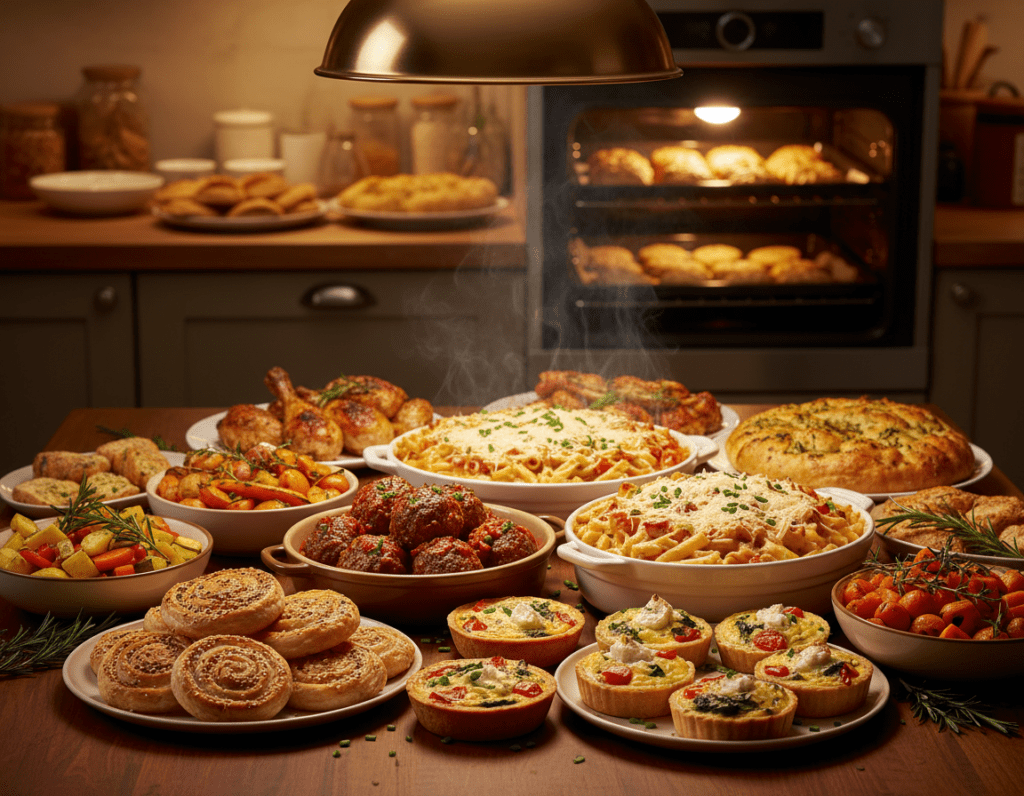 A beautifully arranged spread of oven-prepared party dishes, showcasing a vibrant array of appetizers and main courses, all placed on an elegant wooden table. The foreground features a selection of golden-brown baked pastries, colorful mini quiches, and crispy vegetable sides, garnished with fresh herbs. In the middle, there are ceramic serving platters filled with savory meatballs and a cheesy pasta dish, exuding warmth and inviting aromas. The background softly captures a warm, well-lit kitchen with blurred details of oven shelves stocked with baking trays and freshly baked goods. The lighting is soft and inviting, emphasizing the delicious textures and colors of the food, while creating a cozy, festive atmosphere perfect for a party setting.
