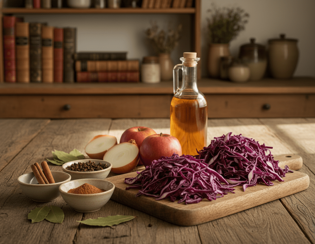 A beautifully arranged spread of spices and flavors essential for making authentic Apfelrotkohl. In the foreground, a wooden cutting board holds vibrant, finely chopped red cabbage, surrounded by small bowls of spices such as cinnamon, cloves, and allspice, each with a distinct texture. A glass jar of apple cider vinegar glistens nearby, while a few fresh apples rest nearby, reflecting their bright red skin. In the middle ground, a rustic kitchen table is set with ingredients, including onions and bay leaves, all bathed in warm, natural light. The background features softly blurred shelves lined with traditional German cookbooks, adding warmth and a cozy atmosphere. The entire scene conveys a comforting and inviting ambiance, perfect for capturing the essence of homemade cuisine. A beautifully arranged spread of spices and flavors essential for making authentic Apfelrotkohl. In the foreground, a wooden cutting board holds vibrant, finely chopped red cabbage, surrounded by small bowls of spices such as cinnamon, cloves, and allspice, each with a distinct texture. A glass jar of apple cider vinegar glistens nearby, while a few fresh apples rest nearby, reflecting their bright red skin. In the middle ground, a rustic kitchen table is set with ingredients, including onions and bay leaves, all bathed in warm, natural light. The background features softly blurred shelves lined with traditional German cookbooks, adding warmth and a cozy atmosphere. The entire scene conveys a comforting and inviting ambiance, perfect for capturing the essence of homemade cuisine.