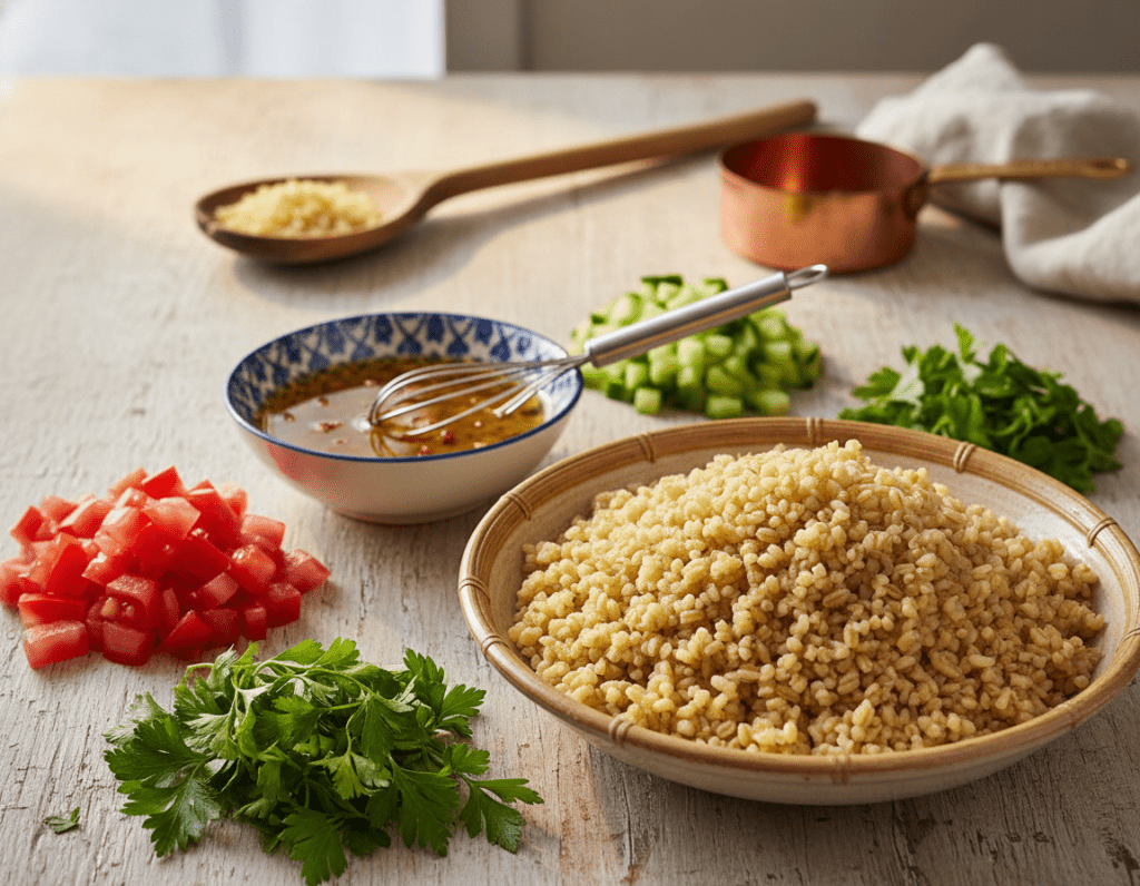 A beautifully arranged spread of vibrant ingredients for a bulgur salad, featuring plump, cooked bulgur grains in the foreground. Surrounding the bulgur, include colorful diced tomatoes, finely chopped cucumbers, and a sprinkle of fresh parsley. A small bowl of zesty lemon dressing made with olive oil, lemon juice, and spices should be artfully placed nearby. In the background, a rustic wooden table enhances the inviting atmosphere, with soft natural lighting pouring in from a nearby window to create a warm, appetizing glow. Include a hint of kitchen utensils, like a wooden spoon and measuring cup, subtly placed to add context without overshadowing the ingredients. The overall mood should be fresh, healthy, and appealing for food enthusiasts. A beautifully arranged spread of vibrant ingredients for a bulgur salad, featuring plump, cooked bulgur grains in the foreground. Surrounding the bulgur, include colorful diced tomatoes, finely chopped cucumbers, and a sprinkle of fresh parsley. A small bowl of zesty lemon dressing made with olive oil, lemon juice, and spices should be artfully placed nearby. In the background, a rustic wooden table enhances the inviting atmosphere, with soft natural lighting pouring in from a nearby window to create a warm, appetizing glow. Include a hint of kitchen utensils, like a wooden spoon and measuring cup, subtly placed to add context without overshadowing the ingredients. The overall mood should be fresh, healthy, and appealing for food enthusiasts.