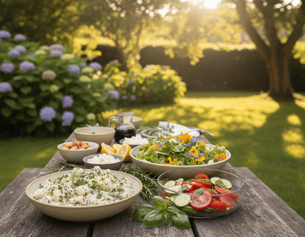 A beautifully arranged summer salad spread on a rustic wooden table, designed for a garden party setting. In the foreground, various vibrant salads in colorful bowls: a classic potato salad with fresh herbs, a refreshing cucumber and tomato salad drizzled with olive oil, and a mixed greens salad with bright edible flowers. In the middle ground, decorative garnishes like lemon wedges and fresh herbs enhance the visual appeal. Background features a lush green garden with soft sunlight filtering through leaves, casting gentle shadows. The scene is inviting and festive, evoking a warm, cheerful atmosphere perfect for summer gatherings. The image should be bright and vivid, captured with a shallow depth of field to emphasize the salads while softly blurring the background.