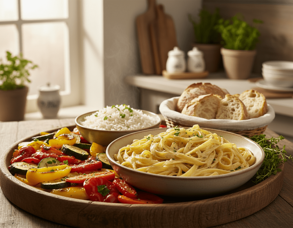 A beautifully arranged table centerpiece featuring an array of delicious side dishes that pair perfectly with Paprika-Rahm Geschnetzeltes. In the foreground, showcase a large bowl of creamy pasta tossed in rich sauce, surrounded by colorful roasted vegetables, such as bell peppers, zucchini, and carrots, artfully arranged on a rustic wooden platter. In the middle, display fluffy rice and freshly baked bread, with a garnish of fresh herbs like parsley and thyme for added color. The background includes a softly blurred kitchen setting, gently illuminated by warm, natural light streaming through a window. The mood is inviting and cozy, enhancing the feeling of a homemade meal shared with loved ones. Capture this scene from a slightly elevated angle to emphasize the inviting presentation.