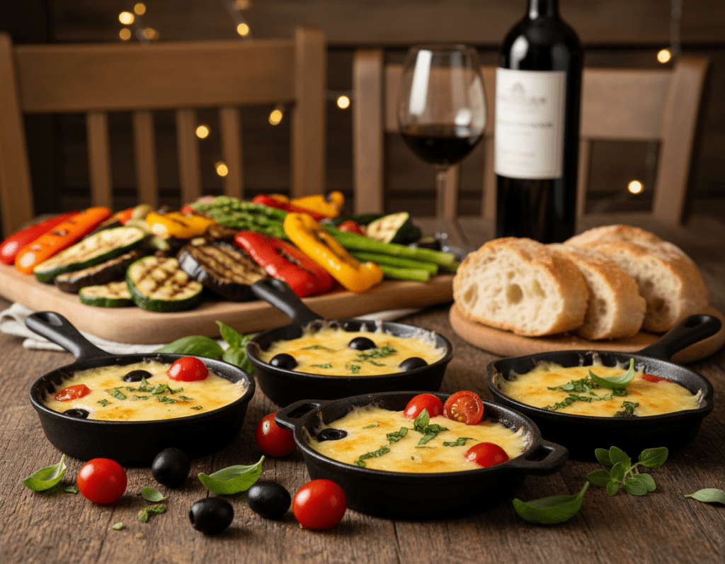 A beautifully arranged table featuring Mediterranean Raclette Pfännchen, showcasing a variety of colorful ingredients. In the foreground, there are individual cast iron pans filled with bubbling raclette cheese, surrounded by bright cherry tomatoes, olives, roasted bell peppers, and fresh herbs like basil and oregano. In the middle, an assortment of grilled vegetables and crusty baguette slices adds texture, while a light olive oil drizzle enhances the visual appeal. The background is softly blurred, suggesting a cozy dining atmosphere with rustic wooden furniture and warm, ambient lighting. The image evokes a sense of sharing and celebration, capturing the essence of Mediterranean cuisine and the joy of creative raclette dishes.