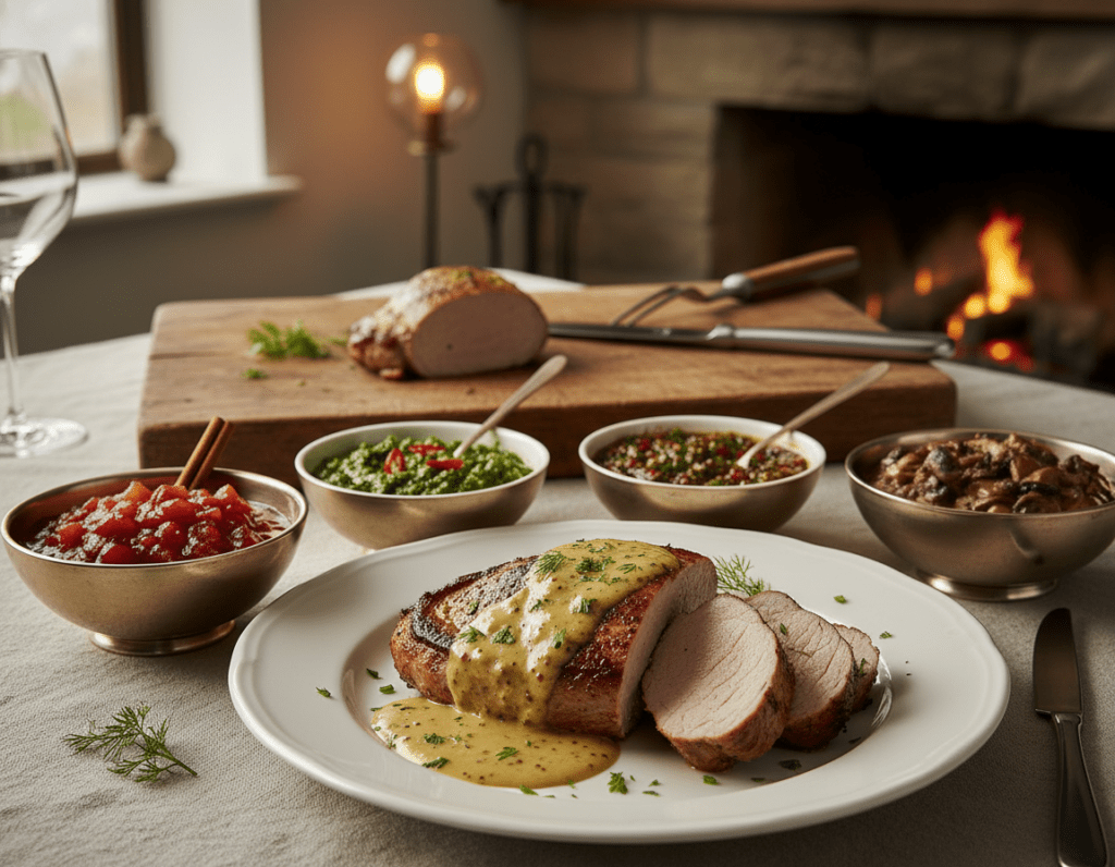 A beautifully arranged table featuring Schweinefilet (pork tenderloin) served with a variety of sauces and toppings. In the foreground, a succulent piece of perfectly cooked Schweinefilet drizzled with a creamy mustard sauce and garnished with fresh herbs. Beside it, vibrant bowls of tangy apple compote, rich mushroom sauce, and zesty chimichurri, creating a colorful palette. In the middle, a rustic wooden cutting board with a knife and fork, hinting at the moment of indulgence. The background is softly blurred, showcasing a cozy dining setting with warm, inviting lighting that enhances the deliciousness of the scene. The mood is inviting and appetizing, perfect for food enthusiasts.