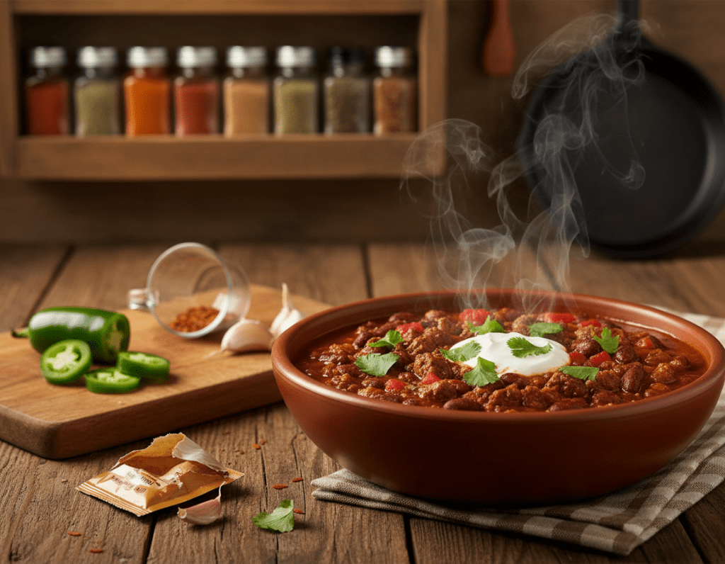 A beautifully arranged table featuring a steaming bowl of rich, red chili con carne. In the foreground, a close-up of the bowl showcases the vibrant ingredients: tender chunks of beef, kidney beans, diced tomatoes, and a sprinkle of fresh cilantro. The middle ground features a wooden cutting board with sliced jalapeños and garlic cloves, implying the preparation process. In the background, a rustic kitchen setting with warm lighting creates a cozy atmosphere, highlighting a spice rack filled with colorful seasonings. The scene is inviting, evoking the comfort and warmth of home-cooked meals. Soft, diffused light enhances the textures and colors, creating a mouthwatering visual. The composition focuses on showcasing the dish while subtly hinting at common mistakes in chili preparation.