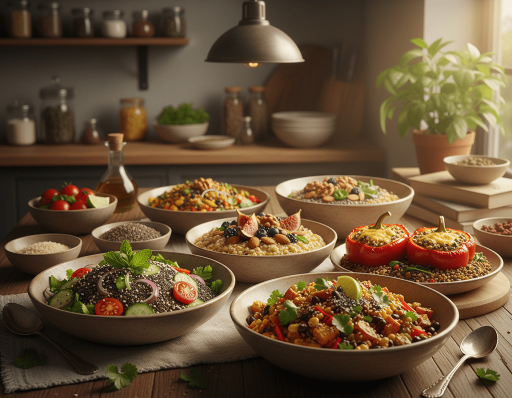 A beautifully arranged table featuring a variety of hearty dishes made with chia seeds. In the foreground, showcase bowls of hearty chia seed salads, with vibrant vegetables, herbs, and a drizzle of olive oil. In the middle ground, include an appetizing chia seed porridge topped with nuts and fresh fruits, alongside stuffed bell peppers filled with quinoa and chia seed mix. The background should have warm, inviting lighting, creating a cozy kitchen atmosphere. Use soft focus to highlight the dishes while keeping the background slightly blurred. The overall mood is wholesome and nurturing, perfect for a culinary exploration of savory chia seed recipes.