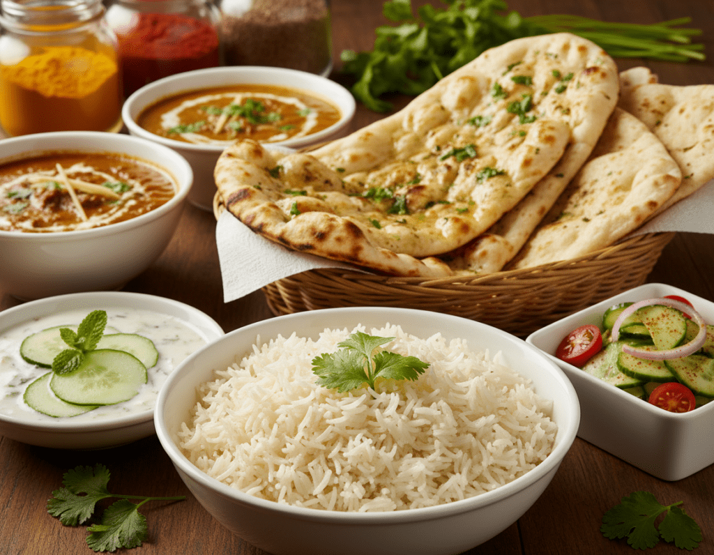 A beautifully arranged table featuring a variety of side dishes that perfectly complement chicken curry. In the foreground, showcase a vibrant bowl of basmati rice, fluffy and aromatic, alongside a small dish of tangy cucumber salad. In the middle ground, include a colorful array of naan bread, some brushed with garlic and herbs, and a dish of creamy raita for a cooling effect. The background should feature softly blurred images of coriander leaves for garnish and spices like turmeric and cumin in decorative jars, enhancing the overall theme. Use warm, inviting lighting to create a cozy dining atmosphere, with a shallow depth of field focusing on the dishes. The scene should evoke the warmth and aromas of Indian cuisine, inviting the viewer to experience the delicious pairings with chicken curry.