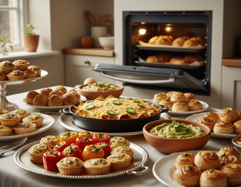 A beautifully arranged table featuring an array of gourmet finger foods and appetizers, set in a cozy, inviting kitchen. In the foreground, delicate mini quiches, colorful stuffed peppers, and crispy pastry bites are artfully displayed on elegant serving platters. The middle ground showcases a bubbling dish of baked nachos topped with melted cheese and jalapeños, alongside vibrant dips in rustic bowls. The background features a warm, softly lit oven slightly ajar, with hints of golden-brown baked goods peeking out. Soft natural lighting highlights the textures of the food, creating a welcoming atmosphere perfect for a party setting. The scene conveys warmth and celebration, ideal for social gatherings.
