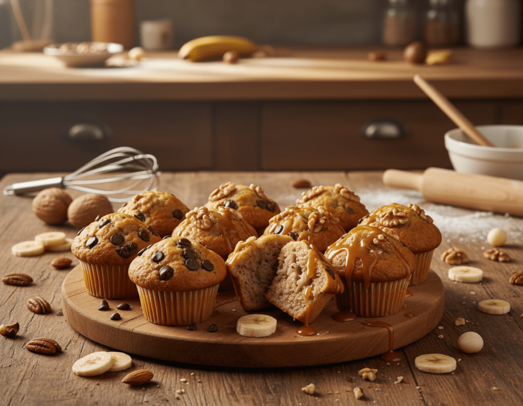 A beautifully arranged table featuring an assortment of banana muffins in various creative variations. In the foreground, display a dozen freshly baked banana muffins, some topped with chocolate chips, others adorned with walnuts and drizzled with caramel. The middle ground showcases vibrant banana slices and scattered nuts, enhancing the baked goods’ appeal. In the background, a warm kitchen ambiance with soft, golden lighting creates a cozy atmosphere, highlighting the wooden surfaces and baking utensils. The angle is slightly elevated, giving a clear view of the muffins while inviting the viewer into a homely baking experience. Overall, the image radiates warmth and creativity, inviting readers to explore unique banana muffin recipes.