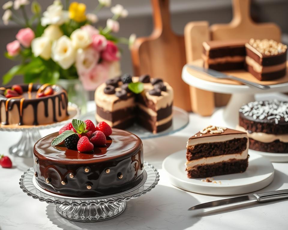 A beautifully arranged table featuring an assortment of chocolate cakes inspired by Swedish recipes. In the foreground, a rich, glossy chocolate cake decorated with fresh berries and mint leaves sits on an elegant cake stand. Beside it, variations such as a chocolate cake with a caramel drizzle, another layered with creamy frosting and a sprinkle of nuts, and a vegan chocolate option with coconut flakes are displayed. The middle background reveals soft-focus floral elements and a wooden cutting board with a knife, hinting at a cozy kitchen atmosphere. Warm, natural daylight bathes the scene, enhancing the inviting and delicious mood, perfect for showcasing diverse chocolate cake variations. Capture the image from a slightly elevated angle for an appetizing perspective.