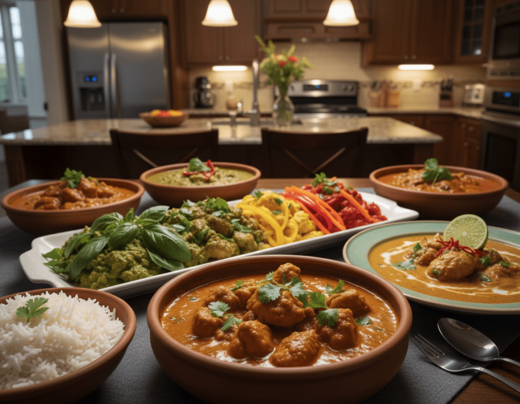 A beautifully arranged table featuring various chicken curry dishes, showcasing vibrant colors and textures. In the foreground, a bowl of traditional chicken curry, rich in spices with tender pieces of chicken, garnished with fresh cilantro and served with a side of fluffy basmati rice. Next to it, a plate of coconut chicken curry, creamy and inviting, with a touch of lime and hints of chili. In the middle ground, a serving platter holds a delightful array of chicken curry variations, including a green curry with fresh herbs and a red curry with colorful bell peppers. The background features an elegant kitchen setting with soft, warm lighting illuminating the scene, creating a cozy and inviting atmosphere. The angle captures the depth of the dishes while maintaining focus on their details, evoking a sense of culinary richness and creativity.
