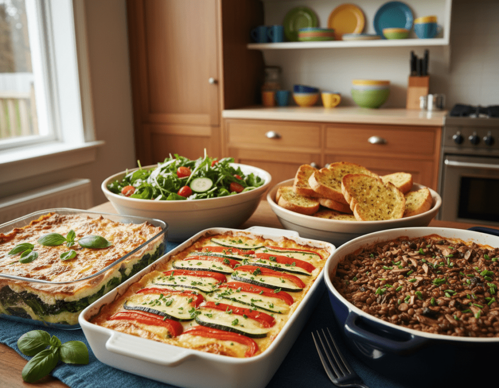 A beautifully arranged table featuring various creative vegetarian lasagne variations. In the foreground, there are three different types of lasagne dishes: one with layers of spinach and ricotta, another with roasted red peppers and zucchini, and a third version with a hearty mushroom and lentil mix. Each lasagne is adorned with fresh herbs like basil and parsley. In the middle, vibrant side dishes of mixed green salads and garlic bread complement the main focus. The background showcases an inviting kitchen setting with warm wooden cabinets and colorful ceramic dishware. Soft, natural lighting filters through a window, creating a cozy and welcoming atmosphere. The camera angle captures the richness of the food and the warmth of the setting, inviting viewers to explore these delightful vegetarian variations.