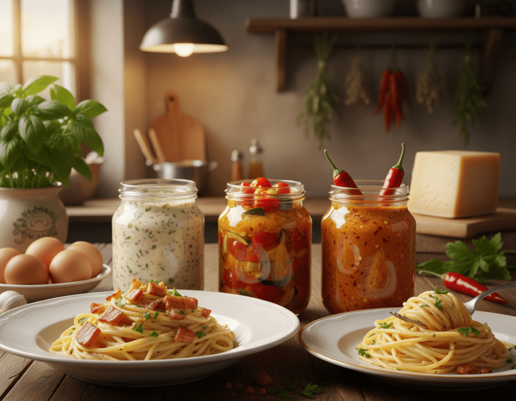 A beautifully arranged table featuring various variations of Carbonara sauce. In the foreground, a creamy Carbonara dish garnished with parsley and crispy pancetta, complemented by a traditional plate of spaghetti. The middle layer showcases jars filled with different sauces: one infused with garlic and herbs, another with roasted vegetables, and a spicy version topped with red pepper flakes. The background features a rustic kitchen setting with warm lighting, wooden shelves adorned with fresh ingredients like eggs, cheese, and fresh basil. The atmosphere feels cozy and inviting, perfect for a culinary exploration. Soft focus on the background highlights the plates in the foreground, creating an intimate and appetizing scene.