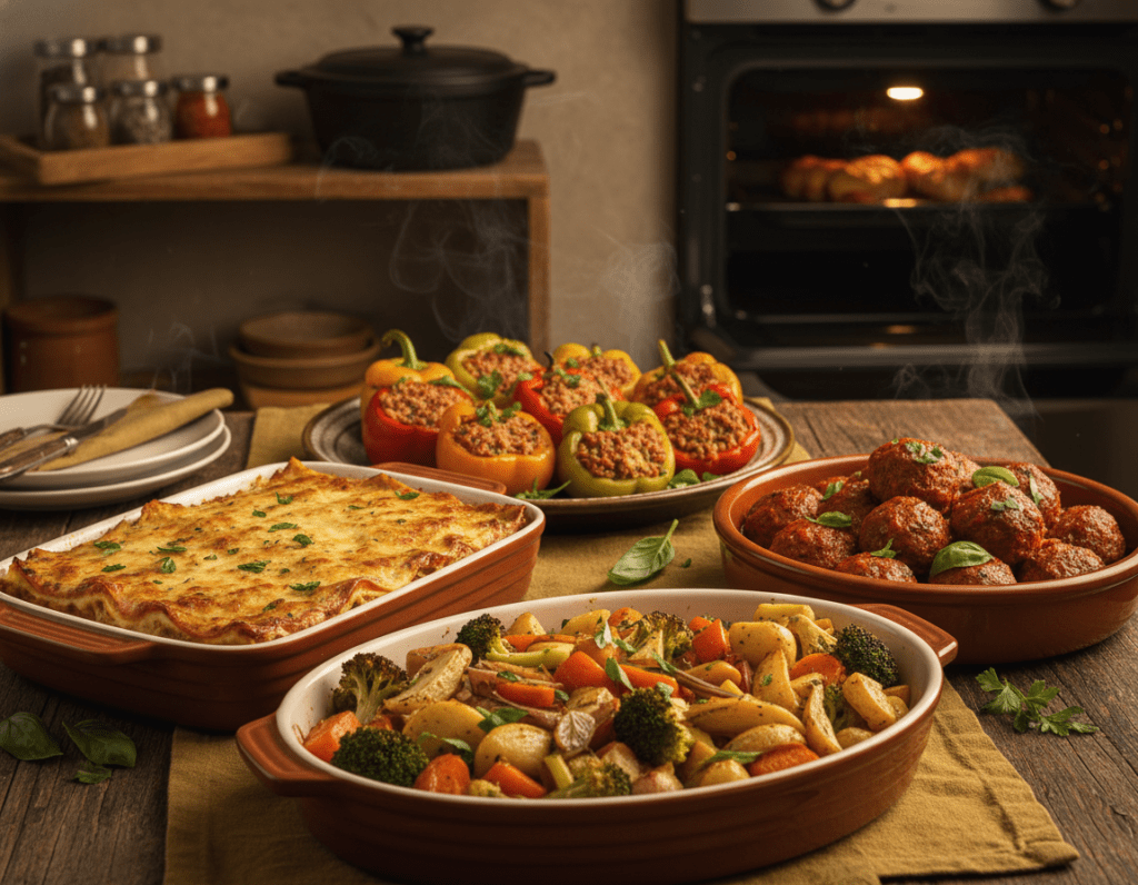 A beautifully arranged table in a cozy, warmly lit kitchen setting, showcasing an array of delicious oven-baked dishes perfect for a party. In the foreground, a golden roasted vegetable medley and a bubbling cheese lasagna in elegant ceramic dishes. In the middle, an enticing platter of stuffed bell peppers and savory baked meatballs, all garnished with fresh herbs. The background features soft focus elements like a rustic wooden shelf with spices and an oven, creating a homely atmosphere. The warm, inviting lighting casts a gentle glow over the food, enhancing the colors and textures. Capture the scene from a slightly elevated angle, emphasizing the abundance and inviting nature of these oven-cooked delights, evoking a sense of celebration and warmth.