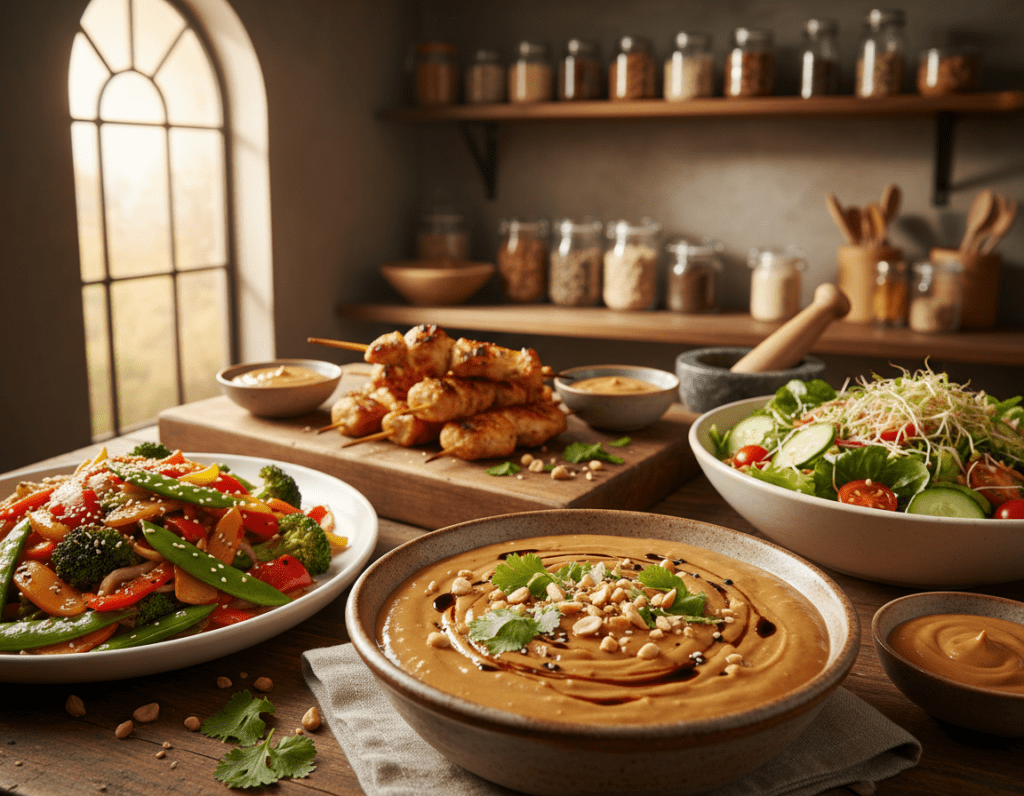 A beautifully arranged table presenting various dishes showcasing homemade peanut sauce. In the foreground, a vibrant bowl filled with creamy peanut sauce, garnished with fresh herbs and a drizzle of sesame oil. In the middle, several plates of dishes such as stir-fried vegetables, grilled chicken skewers, and a refreshing salad, all artfully garnished and accompanied by the peanut sauce for dipping. In the background, a warm, rustic kitchen setting with wooden shelves displaying jars of ingredients. Soft, natural lighting filters through a nearby window, casting a golden glow. The overall mood is inviting and appetizing, encouraging viewers to explore the versatility of homemade peanut sauce in their cooking.