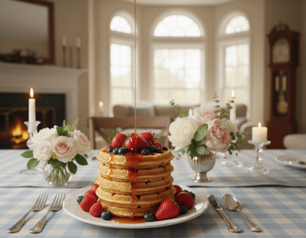 A beautifully arranged table set for a special occasion featuring homemade waffles inspired by a grandmother's recipe. In the foreground, a stack of golden, crispy waffles topped with fresh berries—strawberries, blueberries, and raspberries—drizzled with warm maple syrup. Surrounding the plate are elegant utensils and a delicate floral centerpiece, creating a warm and inviting atmosphere. In the middle ground, a soft, pastel tablecloth complements the vibrant colors of the food, with a small vase of fresh flowers nearby. The background is softly blurred, hinting at a cozy dining room setting with warm, ambient lighting that enhances the inviting mood. The image conveys a sense of celebration and heritage, perfect for a special occasion.