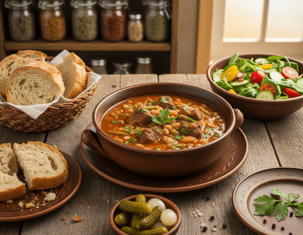 A beautifully arranged table setting featuring a hearty Bohneneintopf (bean stew) with tender chunks of beef in a rustic bowl as the focal point. Surround the stew with an assortment of appropriate side dishes like golden-brown crusty bread, a fresh green salad with vibrant vegetables, and tangy pickles for contrast. The background shows a softly lit kitchen ambiance, with wooden shelves displaying herbs and spices. The scene is captured from a slight overhead angle, highlighting the texture of the stew and the colors of the sides. Warm, natural lighting emphasizes the inviting mood, enhancing the delicious appeal of the meal. No text or branding elements are present, allowing the focus to remain on the culinary offerings. A beautifully arranged table setting featuring a hearty Bohneneintopf (bean stew) with tender chunks of beef in a rustic bowl as the focal point. Surround the stew with an assortment of appropriate side dishes like golden-brown crusty bread, a fresh green salad with vibrant vegetables, and tangy pickles for contrast. The background shows a softly lit kitchen ambiance, with wooden shelves displaying herbs and spices. The scene is captured from a slight overhead angle, highlighting the texture of the stew and the colors of the sides. Warm, natural lighting emphasizes the inviting mood, enhancing the delicious appeal of the meal. No text or branding elements are present, allowing the focus to remain on the culinary offerings.