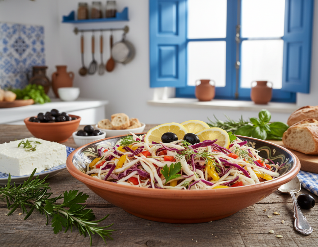 A beautifully arranged table setting featuring a traditional Greek meal highlighting Krautsalat as the centerpiece. In the foreground, a vibrant bowl of finely shredded cabbage mixed with colorful diced peppers, fresh herbs, and a drizzle of olive oil, garnished with lemon slices. In the middle ground, a rustic wooden table showcasing additional Mediterranean ingredients like olives, feta cheese, and fresh herbs. The background subtly shows a sun-filled Mediterranean kitchen with hints of blue and white decor, creating a warm and inviting atmosphere. Soft, natural lighting enhances the freshness of the ingredients, creating a cozy and appetizing feel. The angle captures the inviting essence of a Greek culinary experience, transporting the viewer to a delightful dining moment.