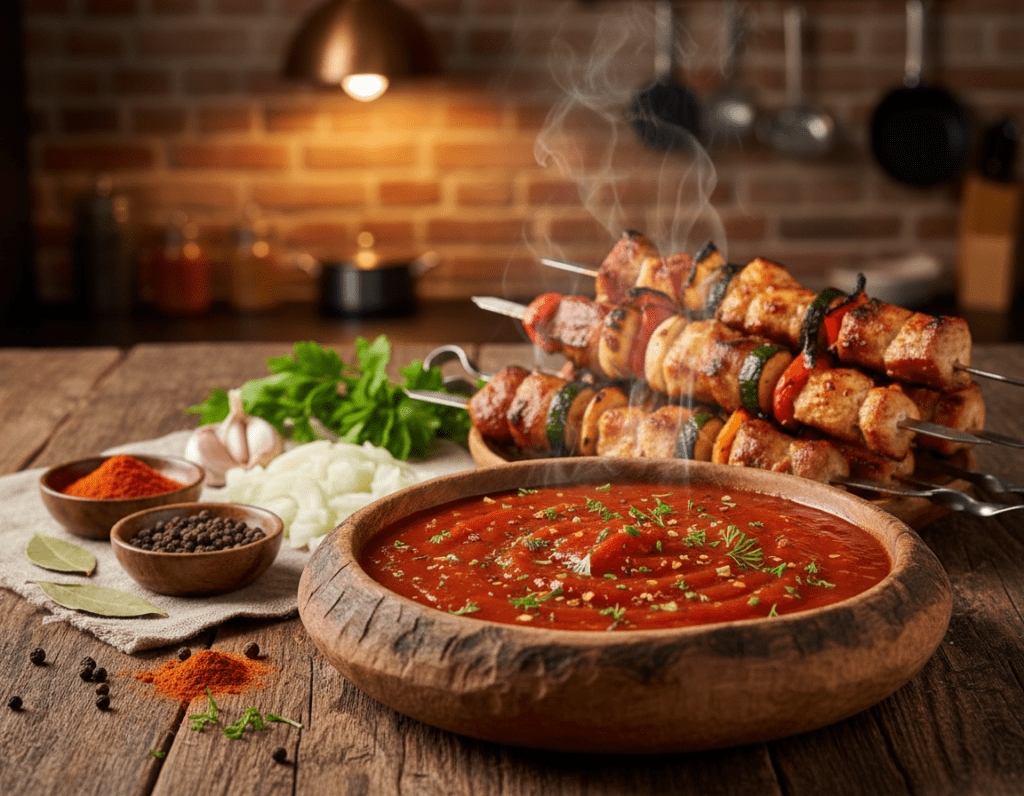 A beautifully arranged table setting showcasing traditional Schaschliksoße ingredients. In the foreground, a rustic wooden bowl filled with rich, thick tomato-based sauce, glistening with fresh herbs and spices. Beside it, skewers of grilled meat and colorful vegetables, marinated in a vibrant hue, emanate warmth. In the middle ground, various spices and condiments like paprika, garlic, and onions are artfully displayed, highlighting the sauce’s origins. The background features a cozy kitchen atmosphere with soft, warm lighting, reflecting the home-cooking tradition. Shot with a shallow depth of field using a 50mm lens, emphasizing the textures of the sauce and ingredients while softly blurring the background. The mood is inviting, capturing the essence of homemade culinary heritage. A beautifully arranged table setting showcasing traditional Schaschliksoße ingredients. In the foreground, a rustic wooden bowl filled with rich, thick tomato-based sauce, glistening with fresh herbs and spices. Beside it, skewers of grilled meat and colorful vegetables, marinated in a vibrant hue, emanate warmth. In the middle ground, various spices and condiments like paprika, garlic, and onions are artfully displayed, highlighting the sauce’s origins. The background features a cozy kitchen atmosphere with soft, warm lighting, reflecting the home-cooking tradition. Shot with a shallow depth of field using a 50mm lens, emphasizing the textures of the sauce and ingredients while softly blurring the background. The mood is inviting, capturing the essence of homemade culinary heritage.