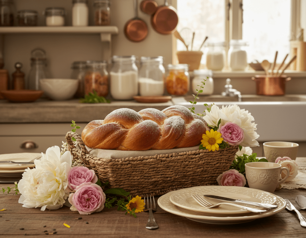 A beautifully arranged table showcasing a freshly baked Hefezopf, the traditional sweet braided bread, served in an elegant woven basket. In the foreground, focus on the golden-brown, intricately braided loaf adorned with a light dusting of powdered sugar, glistening softly in gentle, warm lighting. Surround the Hefezopf with delicate floral accents, perhaps some fresh peonies or daisies, to evoke a festive atmosphere. In the middle ground, a rustic wooden table invites the viewer to the setting, complemented by polished ceramic plates and silver cutlery. In the background, soft bokeh effect hints of an inviting kitchen with shelves of baking supplies and light streaming from a nearby window, creating a warm, cozy ambiance perfect for special occasions.