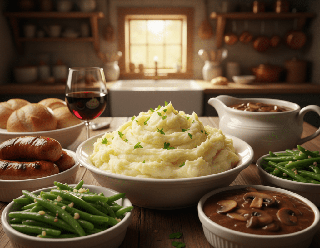 A beautifully arranged table showcasing a serving of creamy mashed potatoes, garnished with fresh parsley. Surrounding the mashed potatoes are various delectable side dishes and main courses, such as grilled sausages, sautéed green beans, and rich mushroom gravy. The background features a rustic kitchen with warm, soft lighting and wooden textures, enhancing the home-cooked feel. A blurred perspective focuses on the center plate, capturing the inviting texture of the mashed potatoes. The atmosphere is cozy and appetizing, evoking a sense of comfort and home-cooked meals. The composition should be shot from a slightly elevated angle, ensuring a balanced view of the dish and its accompaniments, while keeping the overall focus on the mashed potatoes as the star of the meal. A beautifully arranged table showcasing a serving of creamy mashed potatoes, garnished with fresh parsley. Surrounding the mashed potatoes are various delectable side dishes and main courses, such as grilled sausages, sautéed green beans, and rich mushroom gravy. The background features a rustic kitchen with warm, soft lighting and wooden textures, enhancing the home-cooked feel. A blurred perspective focuses on the center plate, capturing the inviting texture of the mashed potatoes. The atmosphere is cozy and appetizing, evoking a sense of comfort and home-cooked meals. The composition should be shot from a slightly elevated angle, ensuring a balanced view of the dish and its accompaniments, while keeping the overall focus on the mashed potatoes as the star of the meal.