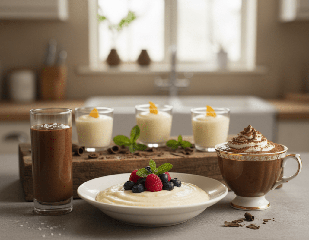 A beautifully arranged table showcasing a variety of Mousse au Chocolat variations, capturing the elegance of this classic dessert. In the foreground, three distinct mousse presentations: a delicate glass filled with rich dark chocolate mousse topped with a sprinkle of sea salt, a light and airy white chocolate version garnished with fresh berries, and a decadent mocha mousse presented in a vintage cup with a swirl of whipped cream. In the middle ground, a rustic wooden platter displaying chocolate shavings, mint leaves, and small cups with citrus-infused mousse. The background features a softly blurred kitchen setting with warm, inviting ambient light streaming in, enhancing the cozy atmosphere. The scene is captured with a shallow depth of field using a 50mm lens, creating a focus on the mousse while the background remains softly blurred.