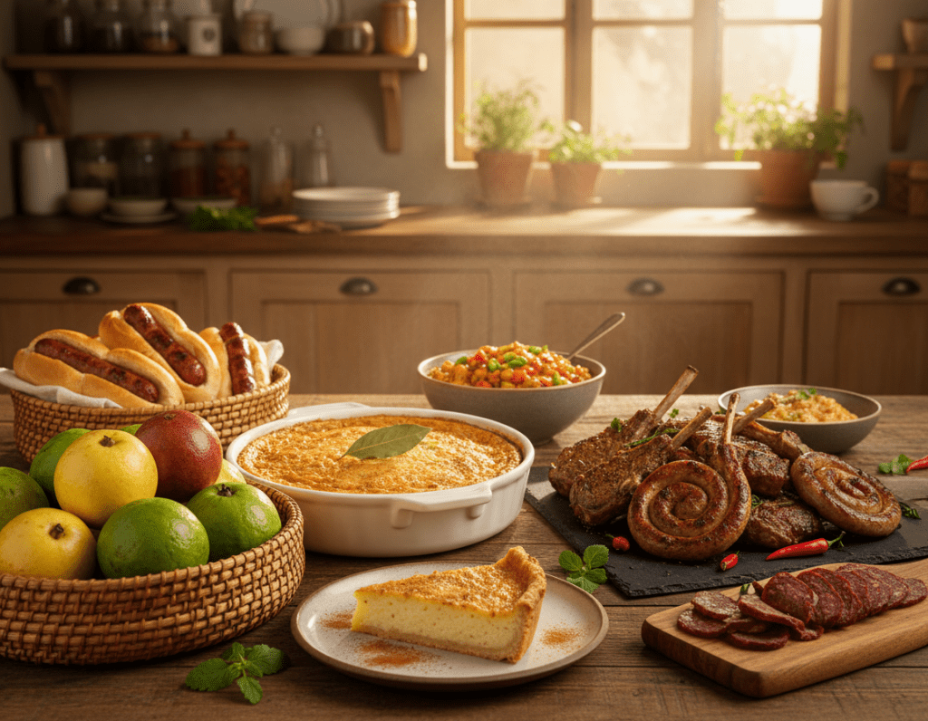 A beautifully arranged table showcasing a variety of South African delicacies, including a vibrant bobotie, succulent braai meats, creamy chakalaka, colorful biltong, and freshly baked boerewors rolls. In the foreground, a traditional woven basket filled with fruits like granadillas and guavas, and a side of melktert. The middle ground features elegantly plated dishes with vibrant garnishes, emphasizing the textures and colors of the food. The background captures a warm kitchen setting with rustic wooden cabinets and soft, natural light filtering through a window, creating a cozy atmosphere. The overall mood is inviting and appetizing, showcasing the essence of South African cuisine in a homely environment. No text or logos included.