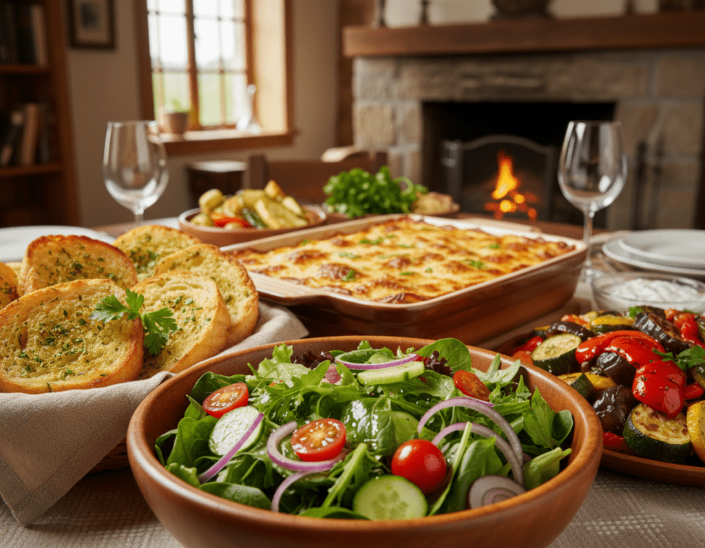 A beautifully arranged table showcasing a variety of colorful side dishes that complement a vegetarian lasagna. In the foreground, a vibrant salad with mixed greens, cherry tomatoes, and a light vinaigrette is presented in an elegant bowl. To the side, a dish of garlic bread with a golden crust and sprigs of parsley adds warmth. In the middle, a platter of roasted seasonal vegetables—zucchini, bell peppers, and eggplant—brimming with texture and color. The background features a softly blurred rustic dining setting with warm lighting, enhancing the inviting atmosphere. The image should capture a cozy, homely feeling, ideal for a shared meal among friends, with a focus on culinary delight and freshness. Use a soft focus with a warm color palette to evoke comfort and happiness.