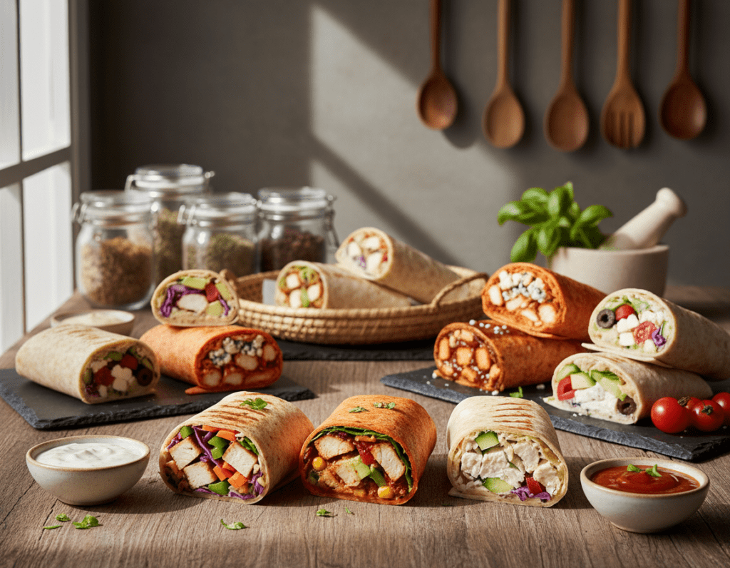 A beautifully arranged table showcasing a variety of creative chicken wraps. In the foreground, vibrant wraps filled with colorful ingredients: grilled chicken, fresh vegetables, and dipping sauces in small bowls. The middle section features a mix of wraps presented at different angles, highlighting diverse flavors - spicy buffalo, tangy barbecue, and refreshing Mediterranean. In the background, soft-focus kitchen elements like herbs, spices, and kitchen utensils create a warm, inviting atmosphere. The lighting is bright and natural, casting soft shadows that enhance the textures of the wraps. The scene evokes a sense of culinary creativity and accessibility, perfect for inspiring readers to try making these wraps at home.